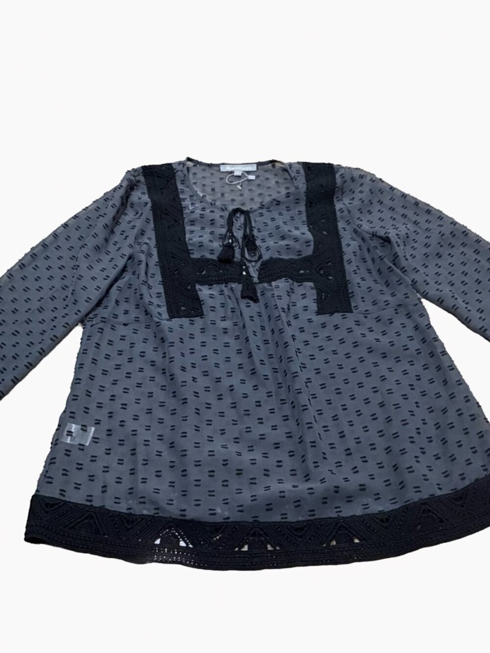 Daniel Rainn Swiss Dot Crochet Trim Tassel Tie Blouse Gray Black Size Medium